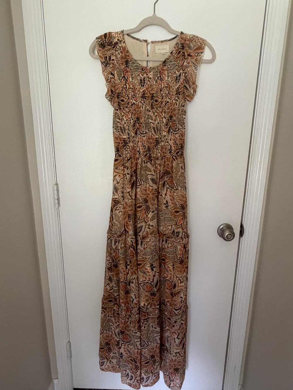 Melloday Smocked Orange Paisley Maxi Dress Size S